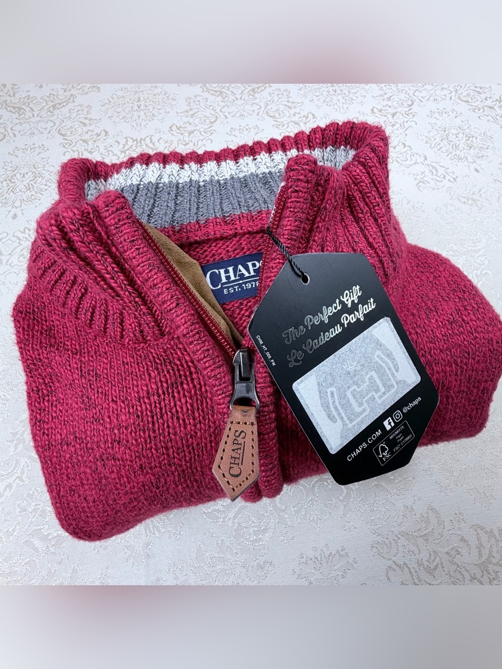 Chaps Men's Quarter Zip Sweater in Red with Gray Trim, NWT, L